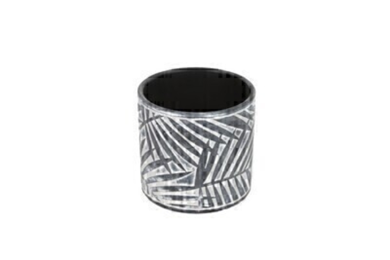 Palm leaf round concrete pot in charcoal and white by designer Gisela Graham. The palm leaf design will give a tropical vibe to your home or garden.  Makes a great gift idea.